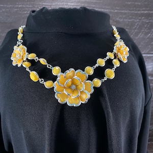 Bavette Statement Necklace, Glamour Jewelry, Chunky Bib Necklace with Yellow Flowers and Diamond Rhinestones