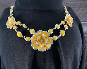 Bavette Statement Necklace, Glamour Jewelry, Chunky Bib Necklace with Yellow Flowers and Diamond Rhinestones