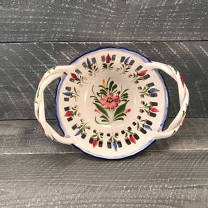 Vintage Portugal Ceramic Basket with Braided Handles, Made in Portugal RCCL 903P AC Hand Painted Floral Design