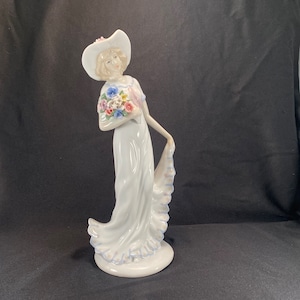 Porcelain Sculpture Of Woman Figurine Statue Sophisticated Woman, Spring Flower Bouquet, Midcentury Modern Tall Slim Statue Sculpture