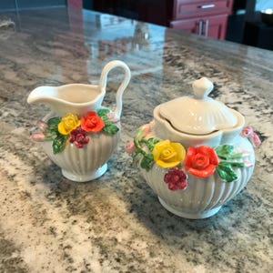 Cream & Sugar Tea Serving Set Sculpted Peach and Yellow Rose Design Porcelain Creamer and Sugar Bowl Grace&#39;s Teaware