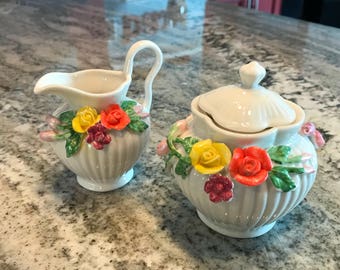 Cream & Sugar Tea Serving Set Sculpted Peach and Yellow Rose Design Porcelain Creamer and Sugar Bowl Grace's Teaware