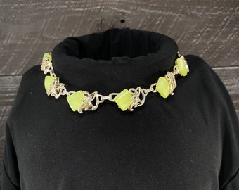 Choker Collar Necklace with Lemon Yellow Stones Set in Silver Tone, Statement Necklace, Costume Jewelry Unique Neck Décor