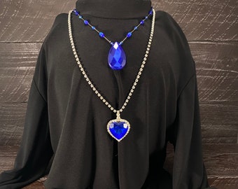 Blue Sapphire Rhinestone Beaded Necklace, Blue Sapphire Diamond Rhinestone Costume Necklace