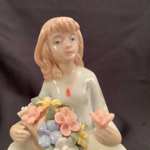 Vintage Porcelain Lladro Replica &#39;Little Girl in Pajamas with Basket of Flowers&#39; Delicate Figurine Statue