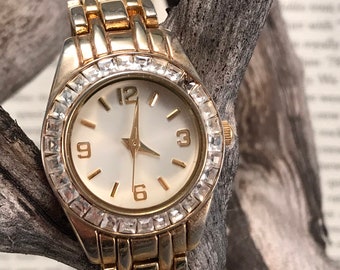 Woman's Wrist Watch, Watch with Crystal Diamond Rhinestone Elements, Gold Tone Adjustable Linked Watch
