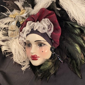 Ceramic Wall Face Mask Woman with Ostridge Feathers, Wall Art, 1980&#39;s Vintage Face-Mask Clay Art Ceramic