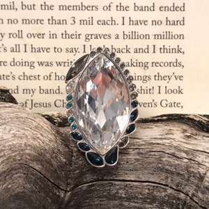Big Bold Statement Ring Large Diamond with Blue Rhinestones, Vintage Glamour Ring Size 7, Large Cocktail Ring, Vintage Jewelry
