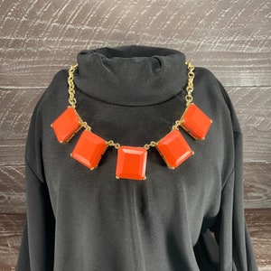 Bib Choker Necklace, Statement Glamour Jewelry, Vintage Bavette Necklace with Orange Glass Squares in Gold Tone Chain, Bib Necklace