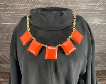 Bib Choker Necklace, Statement Glamour Jewelry, Vintage Bavette Necklace with Orange Glass Squares in Gold Tone Chain, Bib Necklace