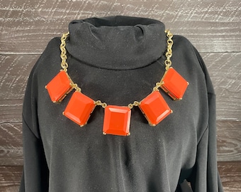 Vintage Orange Glass Bib Necklace, Gold Tone Chain