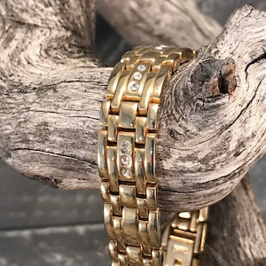 Bracelet with Diamond Rhinestones, Gold Tone Linked Bracelet, Adjustable Bracelet, Costume Jewelry, Wide Bracelet with Links Crystal Diamond