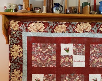 William Morris Strawberry Thief Quilted Wall Hanging, Embroidered Handmade Textile Art (44x47)