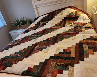 Handmade Twin Sized Log Cabin Quilt in Batiks, Wonderful Wedding or Graduation Gift, Professionally quilted, High quality fabrics