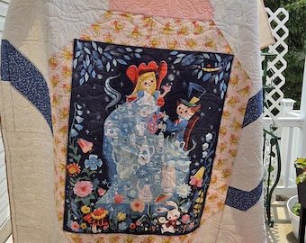 Quilted Alice's Teaparty with the White Rabbit & The Made Hatter, Unique Design, Professional Quilting, Hand Finished
