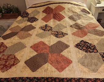 Vintage Style Twin Quilt, Soft Floral Reproduction Fabric, Hand Sewn Binding