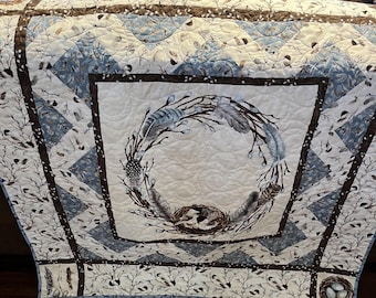Nesting birds quilted throw, Soft pastels, Professional Quilting, Hand Finished binding, Homemade