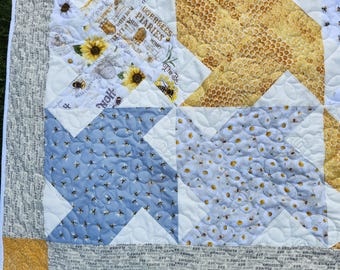 A unique bee-themed quilt, professional quilting, summer quilt, hand finished, made in USA