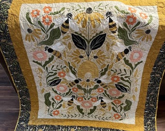 Mirror Image Bees Quilt Panel, All Cotton, Hand Finished Summer Design