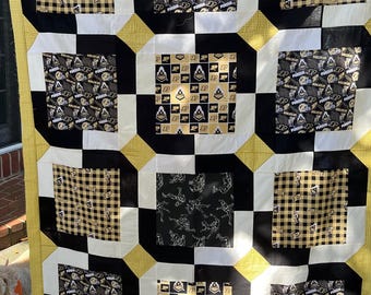 Purdue University Quilt, Gold, Black & White, Large Blocks of Licensed Fabric, Professional Quilting, Handmade, Reversible