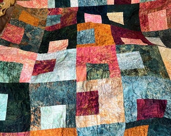 Batik Square in a Square Quilt, Homemade, Professional Quilting, Varied Colors