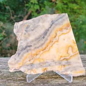 Könnte beinhalten: Eine flache, unregelmäßig geformte Platte aus poliertem Stein mit wirbelnden Bändern in Creme, Weiß, Goldgelb und Anthrazit. Das Mineralexemplar wird aufrecht auf einem durchsichtigen, V-förmigen Kunststoffständer präsentiert und zeigt seine natürlichen Schichten.
