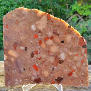 Op de afbeelding: Een rechthoekige stenen plaat met een ruwe rand en een gespikkeld patroon. De steen heeft een mix van kleuren, waaronder rood, oranje, bruin en wit, waardoor een unieke, getextureerde uitstraling ontstaat. De plaat wordt gepresenteerd op een transparante plastic standaard.