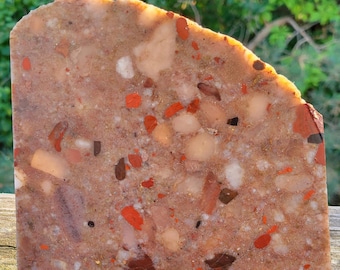 Puede incluir: Una losa de piedra rectangular con bordes ásperos y un patrón moteado. La piedra presenta una mezcla de colores, incluyendo rojo, naranja, marrón y blanco, creando una apariencia texturizada única. La losa se exhibe sobre un soporte de plástico transparente.