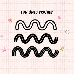 May include: Three black wavy lines on a white background. The lines are different thicknesses and are arranged in a stacked pattern. The background is a grid pattern with pink and white squares. The text "FUN LINED BRUSHES" is at the top of the image.