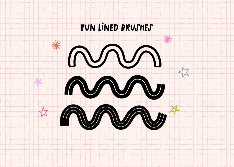 May include: Three black wavy lines on a white background. The lines are different thicknesses and are arranged in a stacked pattern. The background is a grid pattern with pink and white squares. The text "FUN LINED BRUSHES" is at the top of the image.