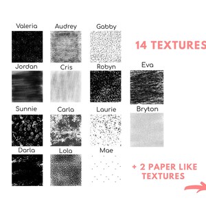 May include: A set of 14 black and white digital paper textures, with names like Valeria, Audrey, Gabby, Jordan, Cris, Robyn, Eva, Sunnie, Carla, Laurie, Bryton, Darla, Lola, and Mae. The image also includes the text "14 TEXTURES" and "+ 2 PAPER LIKE TEXTURES".