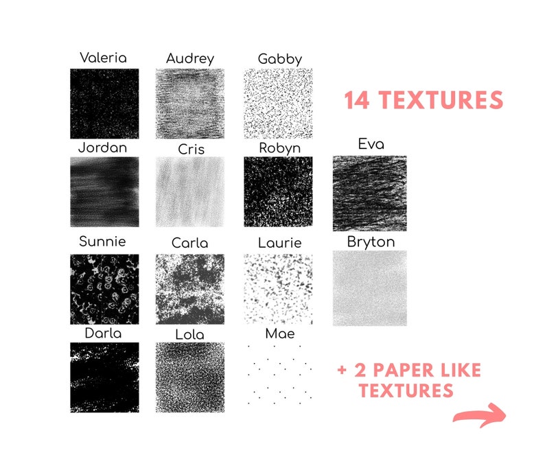 May include: A set of 14 black and white digital paper textures, with names like Valeria, Audrey, Gabby, Jordan, Cris, Robyn, Eva, Sunnie, Carla, Laurie, Bryton, Darla, Lola, and Mae. The image also includes the text "14 TEXTURES" and "+ 2 PAPER LIKE TEXTURES".