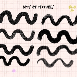 May include: A sheet of graph paper with the text "Lots of Textures" at the top. There are eight black wavy lines drawn on the paper. The lines are drawn with different textures and thicknesses. There are also several colorful stars drawn on the paper.