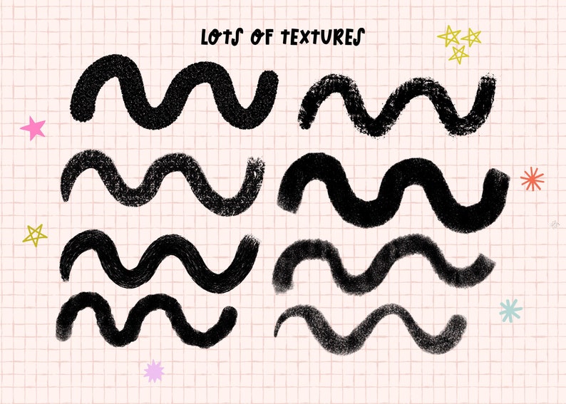 May include: A sheet of graph paper with the text "Lots of Textures" at the top. There are eight black wavy lines drawn on the paper. The lines are drawn with different textures and thicknesses. There are also several colorful stars drawn on the paper.