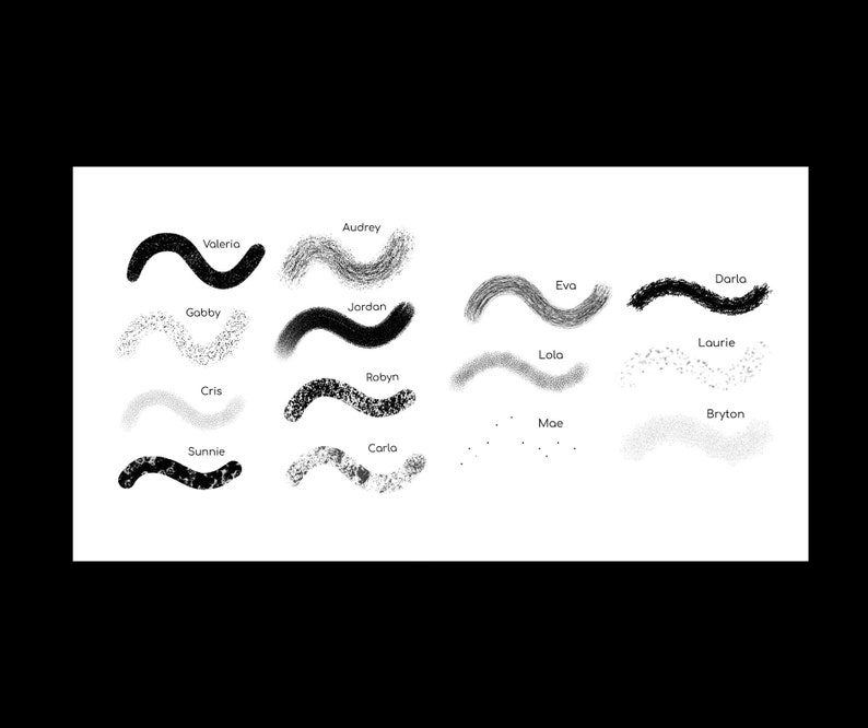 May include: A collection of 16 different black and white brush strokes, each labeled with a name. The brush strokes are all in the shape of a wave.