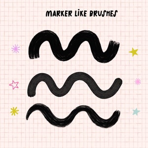 May include: Three black wavy lines on a pink and white grid background. The text "MARKER LIKE BRUSHES" is at the top of the image. There are pink, yellow, and blue stars and flowers scattered around the lines.