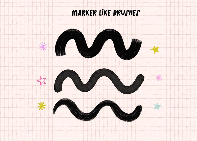 May include: Three black wavy lines on a pink and white grid background. The text "MARKER LIKE BRUSHES" is at the top of the image. There are pink, yellow, and blue stars and flowers scattered around the lines.