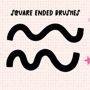 May include: Two black wavy lines with square ends on a pink and white grid background. The text "SQUARE ENDED BRUSHES" is at the top of the image.