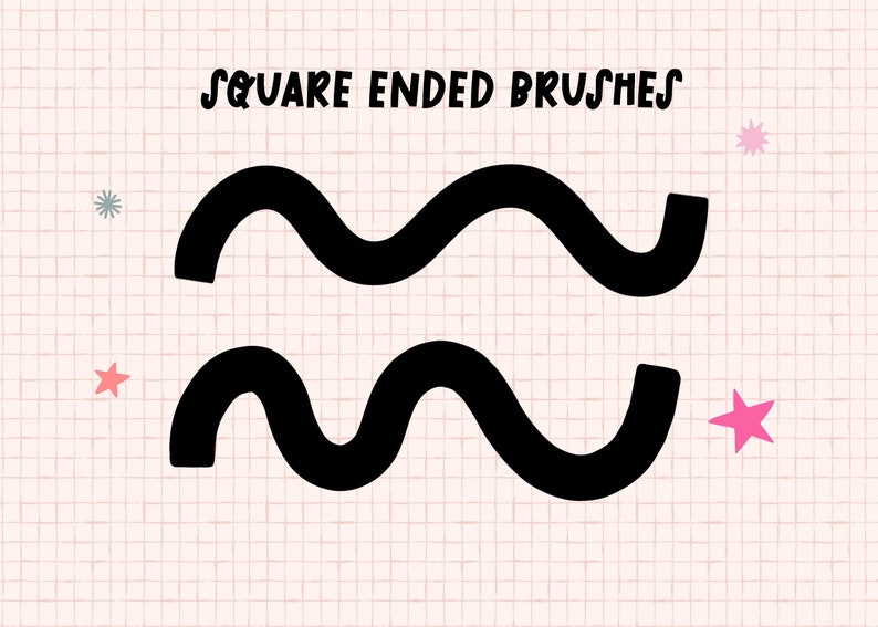May include: Two black wavy lines with square ends on a pink and white grid background. The text "SQUARE ENDED BRUSHES" is at the top of the image.