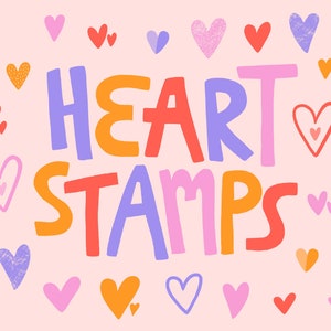 Może przedstawiać: Różowe tło z tekstem "HEART STAMPS" w kolorowych, zabawnych literach. Tekst jest otoczony różnymi kolorowymi sercami w różnych stylach i wzorach.
