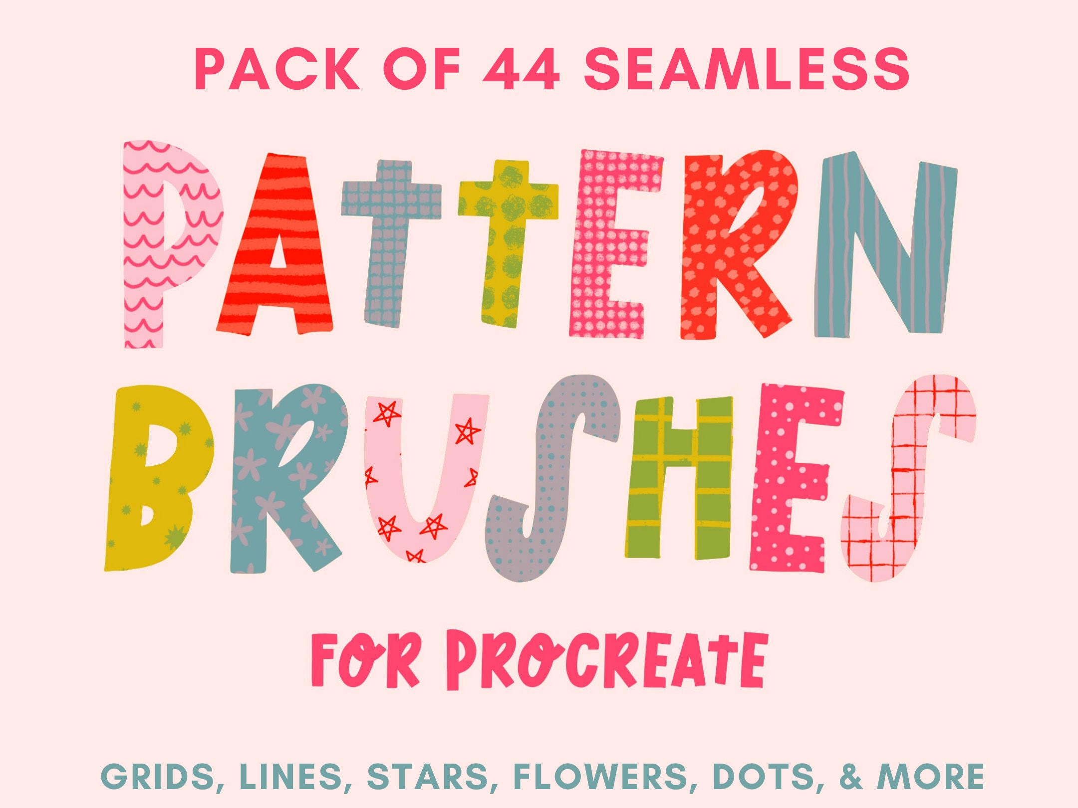 Seamless Pattern Brushes for Procreate – 44 Grid, Dotted, Lined, Floral and Star Background Brushes