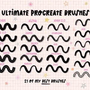 May include: A gridded pink background with black stars and a white title that reads "ULTIMATE PROCREATE BRUSHES".  Below the title are 21 black brush strokes, each labeled with a name. The text at the bottom reads "21 OF MY BEST BRUSHES".