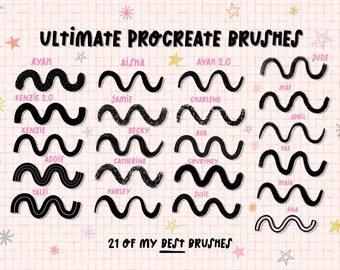 May include: A gridded pink background with black stars and a white title that reads "ULTIMATE PROCREATE BRUSHES".  Below the title are 21 black brush strokes, each labeled with a name. The text at the bottom reads "21 OF MY BEST BRUSHES".