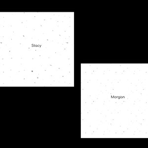May include: Two white cards with black speckles. The top card has the name "Stacy" written on it. The bottom card has the name "Morgan" written on it.