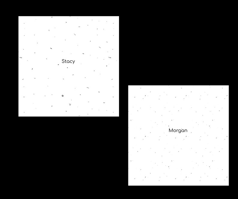 May include: Two white cards with black speckles. The top card has the name "Stacy" written on it. The bottom card has the name "Morgan" written on it.
