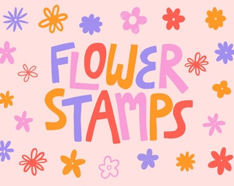 May include: A pink background with the text "FLOWER STAMPS" in colorful, stylized letters. The background is decorated with small, colorful flower illustrations.
