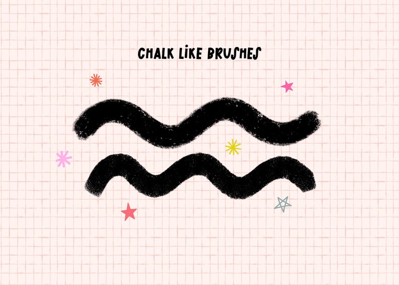 May include: Chalk-like brushes create a wavy line pattern on a white grid background. The background is decorated with small pink, red, yellow, and gray stars.