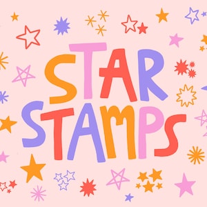 May include: A pink background with the text "STAR STAMPS" in colourful letters. The background is decorated with various colourful stars in different shapes and sizes.