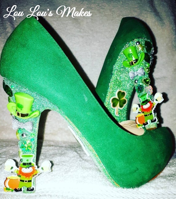 Womens Green High Heels Glitter Pumps St Pattys Day Leprechaun Shoe 4 Inch Heel
