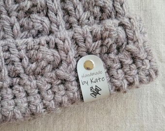 Custom Fold Over Faux Leather Tags | Snap or Sew-In | Personalized Logo Tags for Hats & Handmade Items | Engraved Leatherette Labels